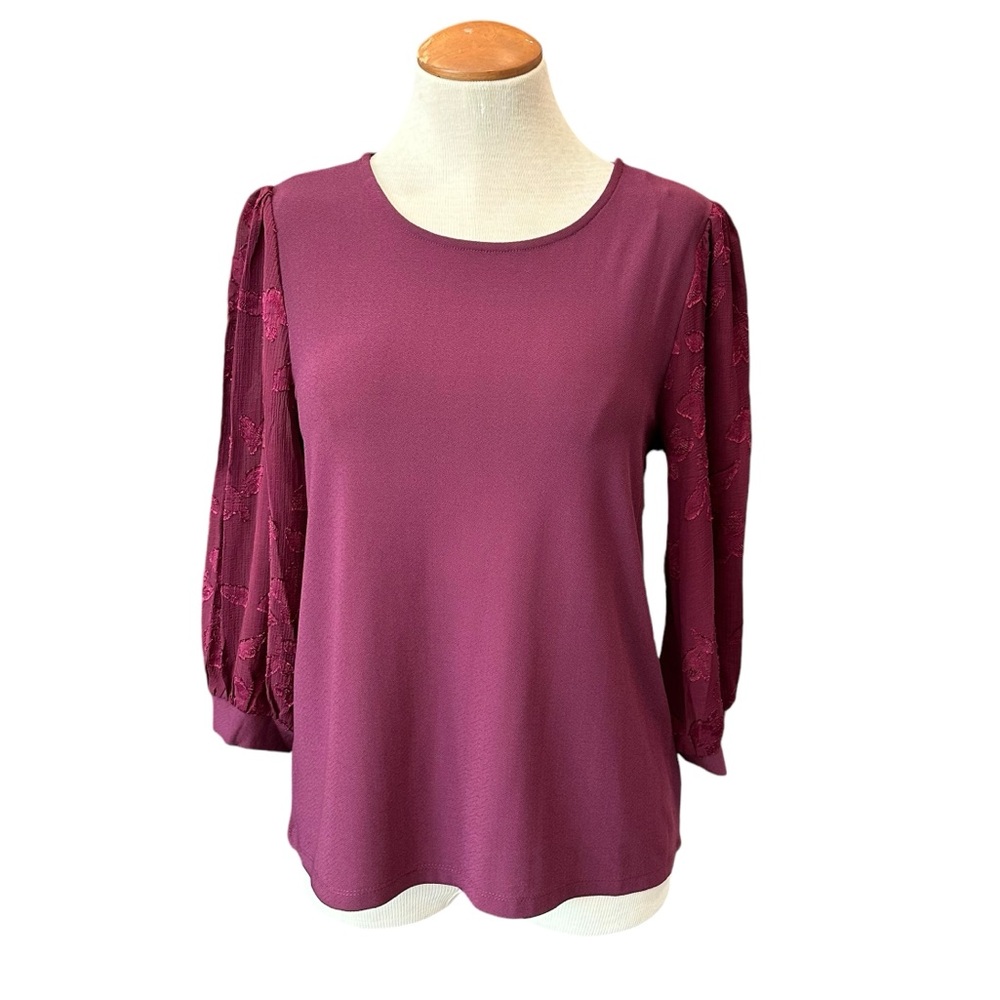 NWT CeCe CREWNECK WOMENS BLOUSE TOP SHIRT MAROON BURGUNDY SMALL SHEER SLEEVE